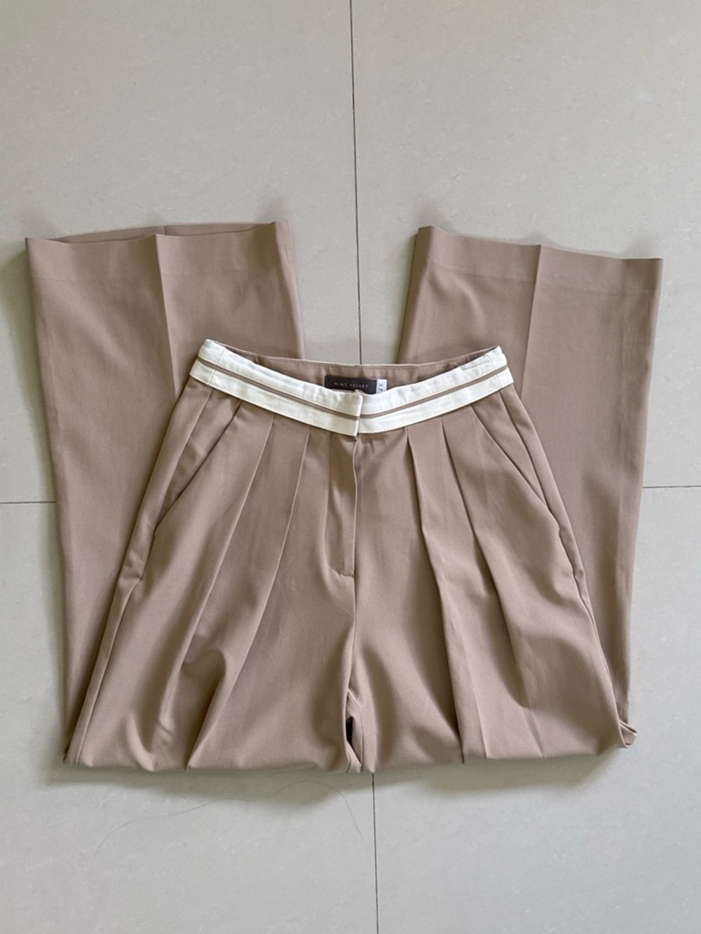 Mint Velvet XS High-Rise Pleated Trousers with Contrast Waistband - Beige